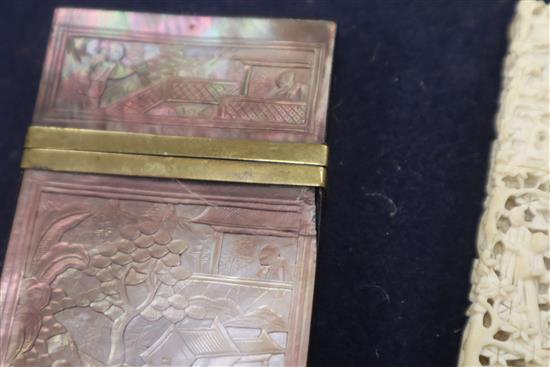 A Canton carved ivory card case and a mother of pearl card case
